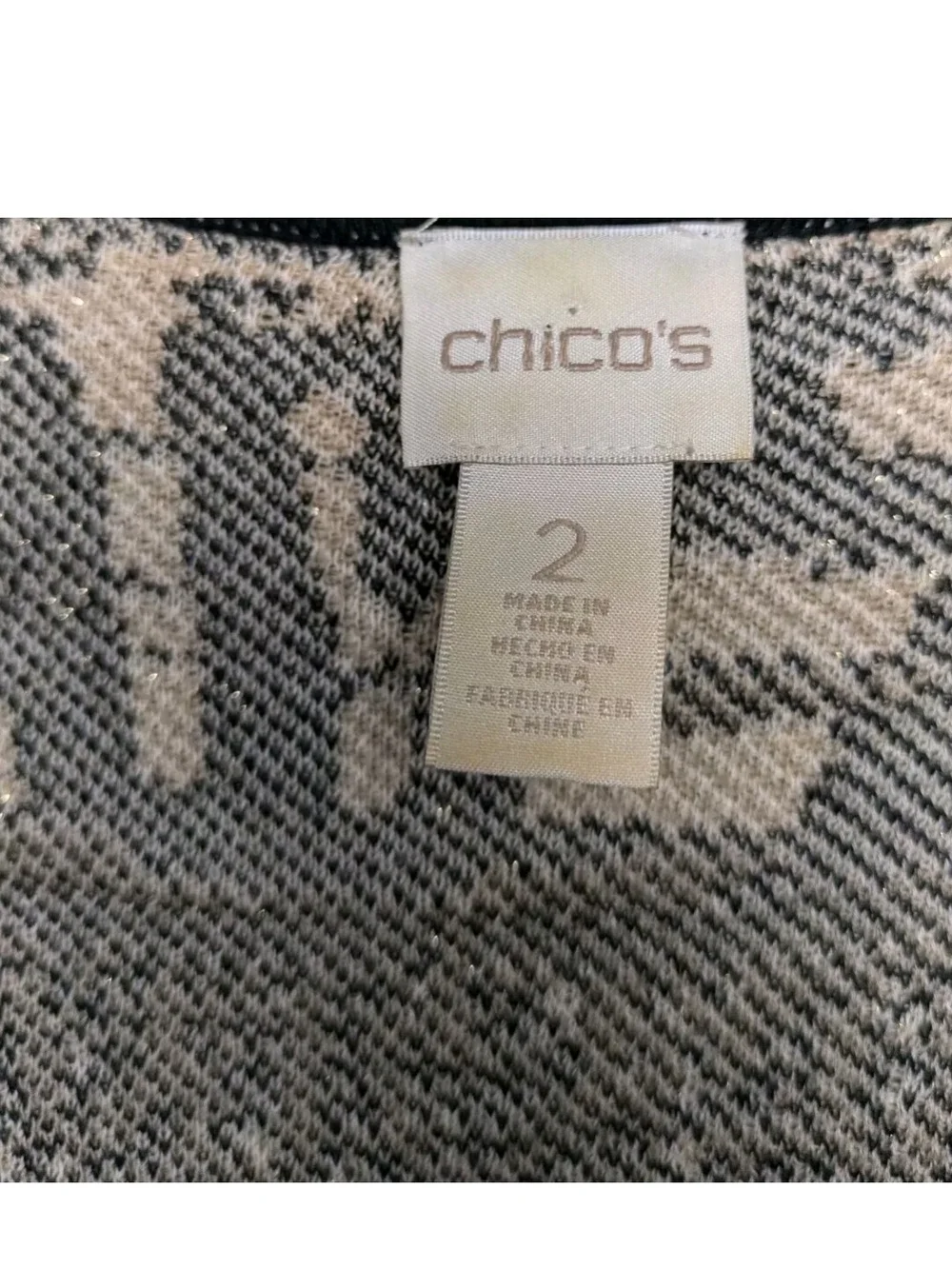 Chicos 2 Open-Front Long Cardigan Sweater Large Black Cream Metallic Patterned